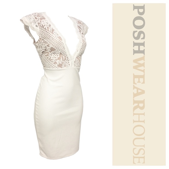 Off White Lace Bodice Stretch Bodycon Dress - Picture 2 of 3